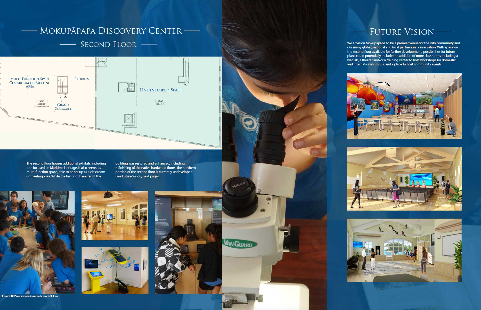 Images of Mokupāpapa Discovery Center exhibits and floor plans